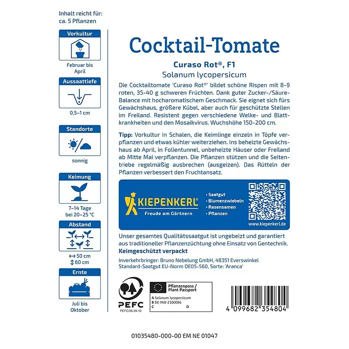 Kiepenkerl Profi-Line Cocktailtomate Curaso Rot - Solanum lycopersicum, Erntezeit: Juli - Saatguttüte für 'Cocktail-Tomate Curaso Rot®' mit Anbauanleitung und Produktinformationen.