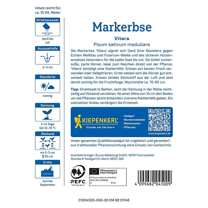 Kiepenkerl Gemüsesamen Markerbse Vitara - Pisum sativum, Erntezeit: Juni - Bild einer Markerbse Vitara-Samenpackung, die Informationen zu Aussaat, Standort und Erntezeit enthält.