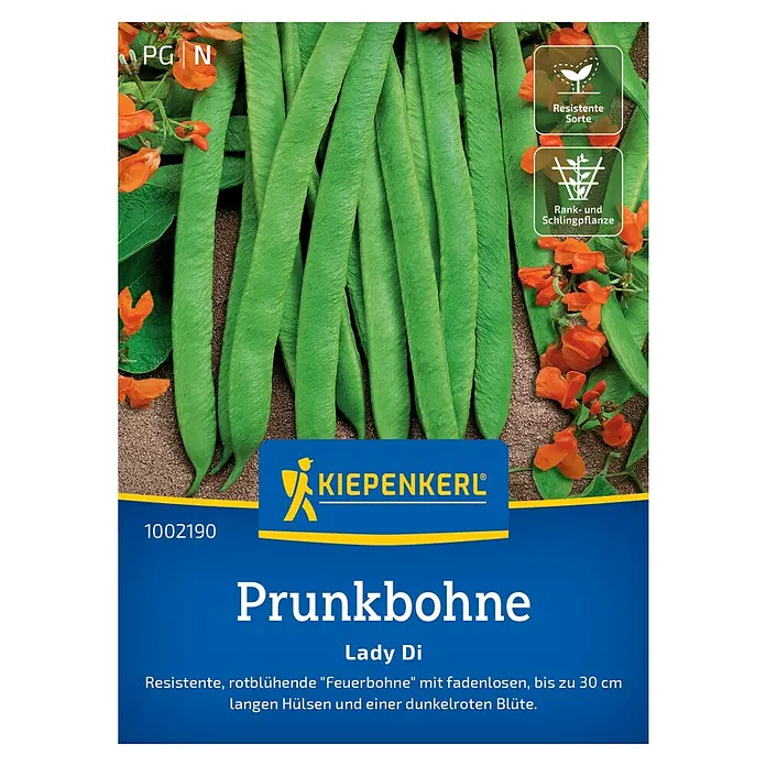 Kiepenkerl Profi-Line Gemüsesamen Prunkbohne - Phaseolus coccineus, Erntezeit: Juli - Bild einer "Prunkbohne Lady Di"-Samenpackung von Kiepenkerl, die widerstandsfähige, rotblühende Feuerbohnen mit langen Hülsen verspricht.