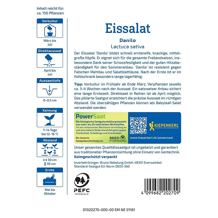 Kiepenkerl Salatsamen Eissalat Danilo - Lactuca sativa, Erntezeit: Mai - Eisbergsalat 'Danilo' Saatgutpackung mit Anweisungen zu Anbau, Erntezeit und Pflanzabstand.