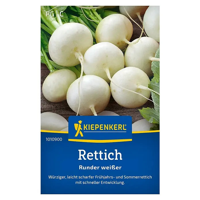 Kiepenkerl Gemüsesamen Rettich - Raphanus sativus, Erntezeit: April - Abbildung einer "Kiepenkerl Rettich Runder weißer" Saatgutpackung mit frischen, runden, weißen Rettichen.