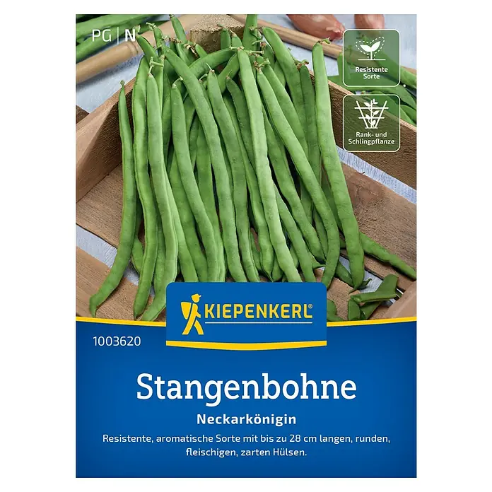 Kiepenkerl Gemüsesamen Stangenbohne Neckarkönigin - Phaseolus vulgaris var. vulgaris, Erntezeit: Juli - Abbildung einer Packung Stangenbohnen "Neckarkönigin" der Marke Kiepenkerl. Die Sorte ist resistent und aromatisch.