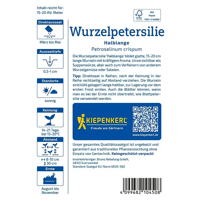 Kiepenkerl Gemüsesamen Wurzelpetersilie halblange - Petroselinum crispum var. tuberosum, Erntezeit: Juni - Produktabbildung einer Samenpackung für Wurzelpetersilie Halblange, ideal für Suppen und Salate, Direktsaat von März bis Mai.
