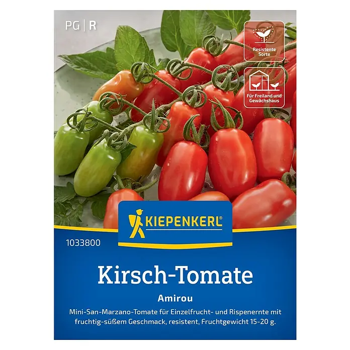 Kiepenkerl Profi-Line Gemüsesamen Kirsch-Tomate Amirou - Solanum lycopersicum, Erntezeit: Juli - Bild einer 'Kirsch-Tomate Amirou'-Packung von Kiepenkerl, einer Mini-San-Marzano-Tomatensorte, die resistent ist und ein fruchtig-süßes Aroma hat.