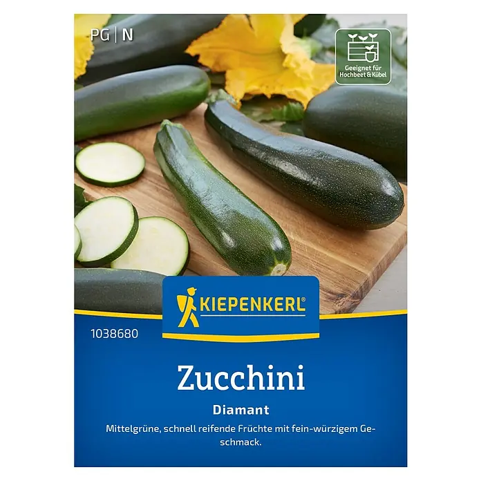 Kiepenkerl Profi-Line Gemüsesamen Zucchini - Cucurbita pepo, Erntezeit: Juni - Abbildung der Samenpackung für "Kiepenkerl Zucchini Diamant", ideal für Hochbeete und Kübel, mit frischen Zucchinis auf einem Holzbrett.