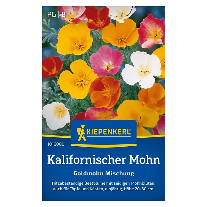 Kiepenkerl Blumensamen Goldmohn - Eschscholzia californica, Mehrfarbig - Samentüte mit Kalifornischem Mohn von Kiepenkerl. Goldmohn-Mischung mit hitzebeständigen Blüten für Beete, Töpfe und Kästen.