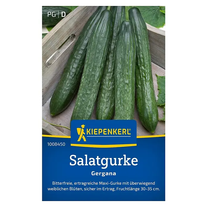 Kiepenkerl Gemüsesamen Salatgurke Gergana - Cucumis sativus, Erntezeit: Juli - Abbildung von Kiepenkerl Salatgurke Gergana-Samen, die eine ertragreiche und bitterfreie Sorte für den Anbau im eigenen Garten versprechen.