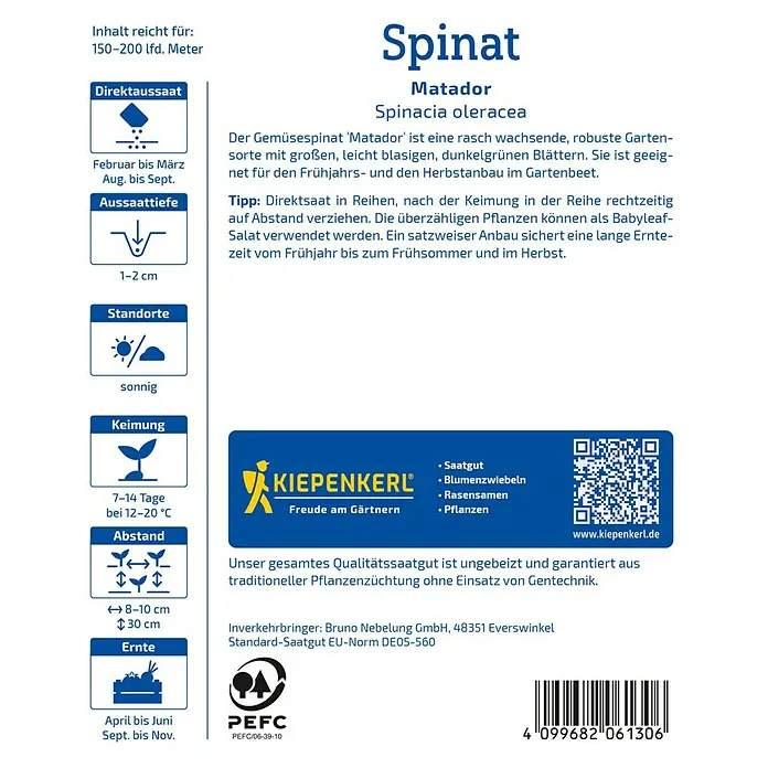 Kiepenkerl Gemüsesamen Spinat - Spinacia oleracea, Erntezeit: April - Spinat 'Matador' Saatgutpackung. Informationen zu Aussaat, Standort, Keimung und Ernte für den eigenen Anbau von Spinat im Garten.