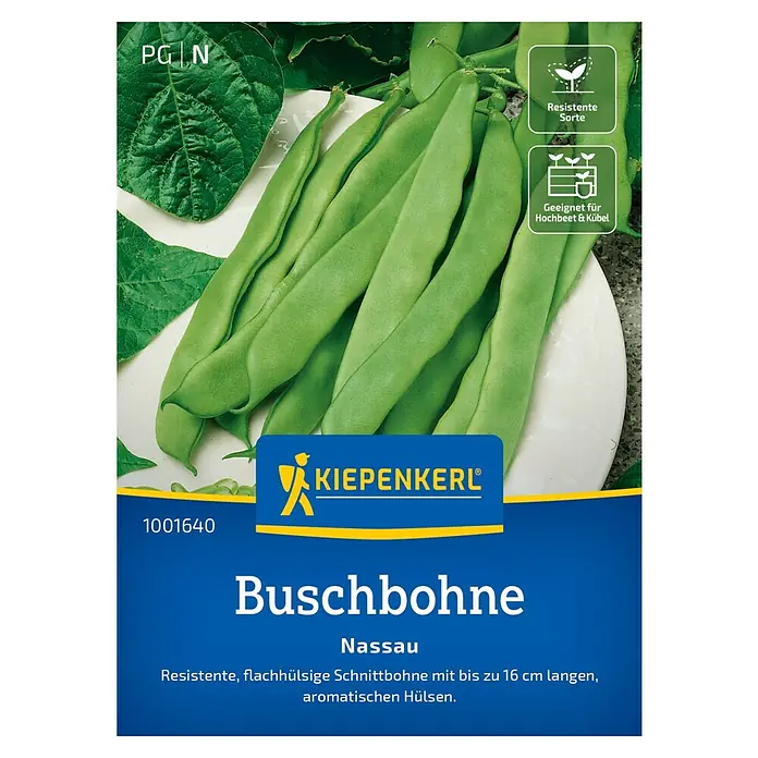 Kiepenkerl Profi-Line Gemüsesamen Buschbohne Nassau - Phaseolus vulgaris var. nanus, Erntezeit: Juli - Samenpackung Buschbohne "Nassau" von Kiepenkerl. Resistente Sorte, geeignet für Hochbeete und Kübel, mit bis zu 16 cm langen aromatischen Hülsen.