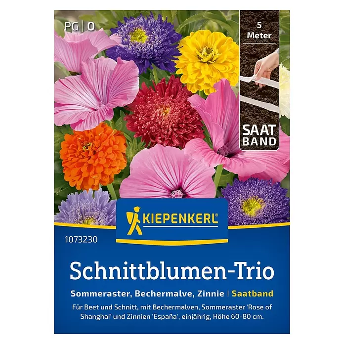 Kiepenkerl Blumensamenmischung Sommeraster, Bechermalve, Ziennie - Mischung, Inhalt reicht für ca. 5 lfd. Meter - Samenpackung für Schnittblumen-Trio mit Saatband, zeigt bunte Sommeraster, Bechermalve und Zinnien.