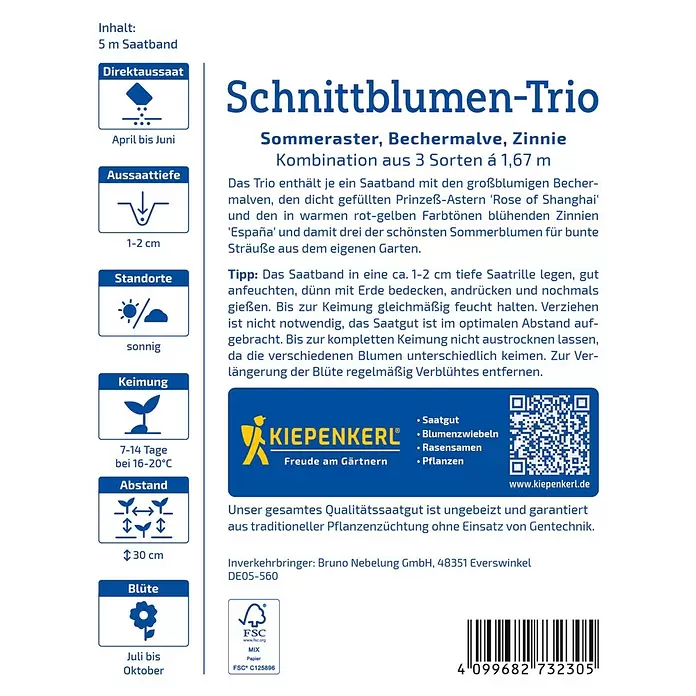 Kiepenkerl Blumensamenmischung Sommeraster, Bechermalve, Ziennie - Mischung, Inhalt reicht für ca. 5 lfd. Meter - Kiepenkerl Samenband für ein Schnittblumen-Trio: Sommeraster, Bechermalve, Zinnie, mit Pflanzanleitung.