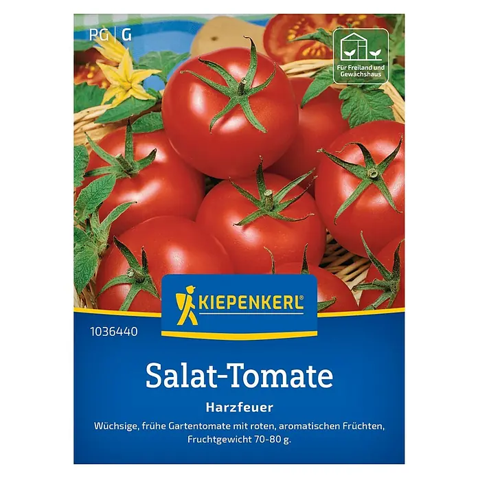 Kiepenkerl Profi-Line Gemüsesamen Tomate Harzfeuer, F1 - Lycopersicon esculentum, Erntezeit: Juli - Samenpackung für Salat-Tomate 'Harzfeuer' von Kiepenkerl. Wüchsige, frühe Sorte mit roten, aromatischen Früchten, ideales Gewicht.