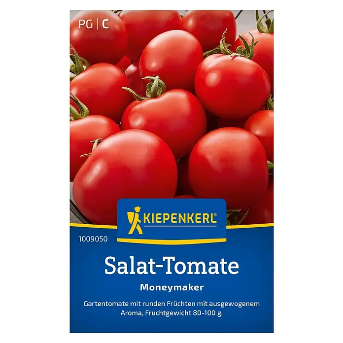 Kiepenkerl Gemüsesamen Tomate Moneymaker - Solanum lycopersicum, Erntezeit: Juli - Abbildung einer 'Salat-Tomate Moneymaker' Samenpackung von Kiepenkerl, ideal für den Anbau aromatischer, runder Gartentomaten mit einem Gewicht von 80-100g.