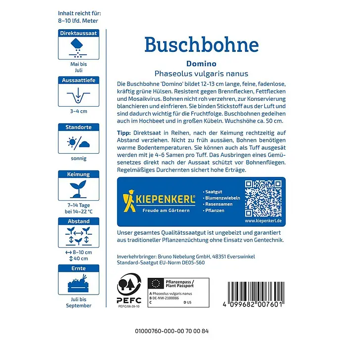 Kiepenkerl Profi-Line Gemüsesamen Buschbohne Domino - Phaseolus vulgaris, Erntezeit: Juli - Bild einer 'Domino' Buschbohnen-Samenpackung von Kiepenkerl, ideal für den Anbau von resistenten, ertragreichen Bohnen im Garten.