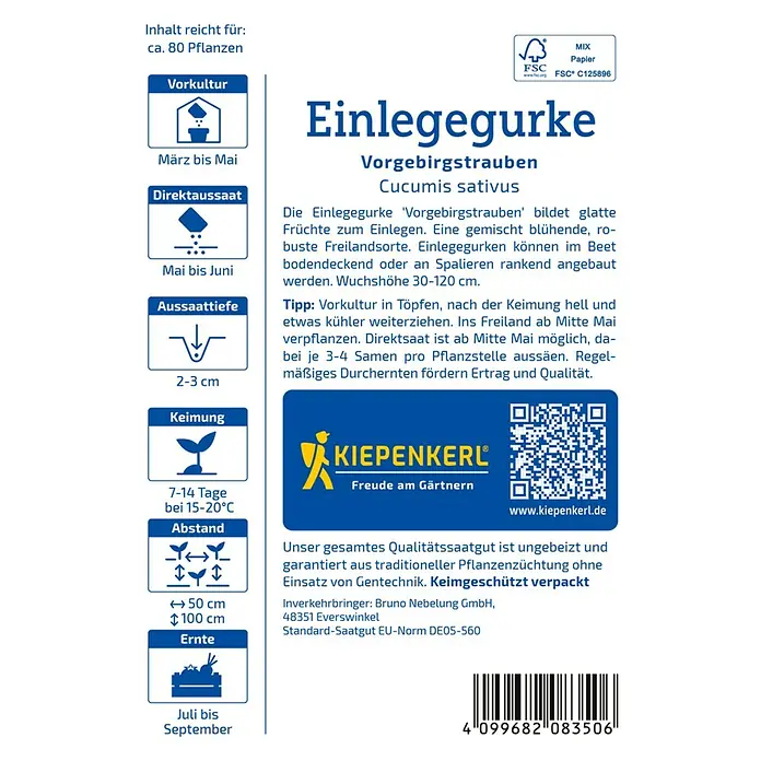 Kiepenkerl Gemüsesamen Einlegegurke Vorgebirgstrauben - Cucumis sativus, Erntezeit: Juli - Abbildung der Saatguttüte "Einlegegurke Vorgebirgstrauben" von Kiepenkerl mit Informationen zu Aussaat, Ernte und Eigenschaften.
