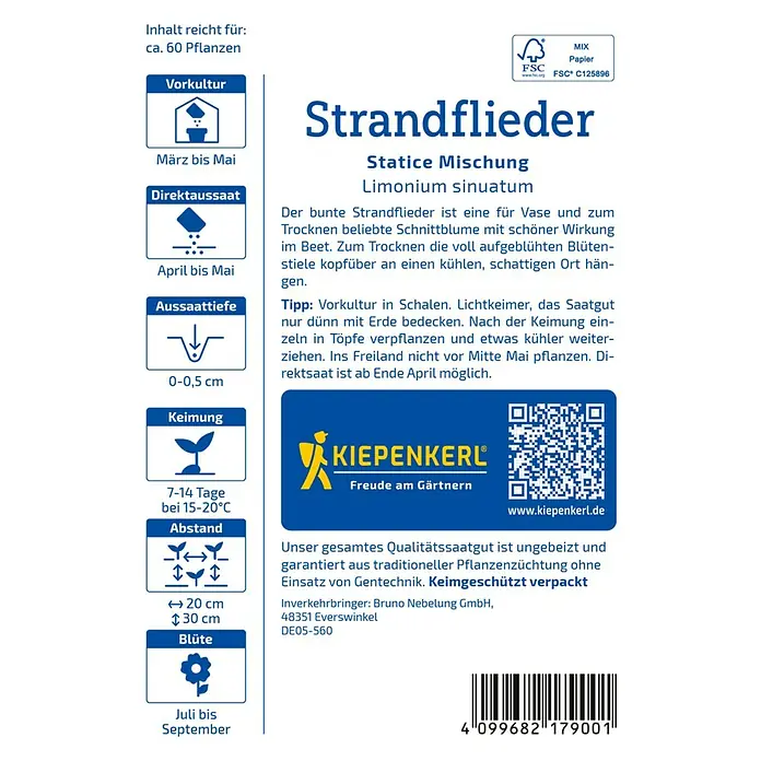 Kiepenkerl Blumensamenmischung Strandflieder - Limonium sinuatum, Mehrfarbig - Abbildung der Saatguttüte Strandflieder Mischung von Kiepenkerl mit Anweisungen zu Aussaat, Keimung und Blütezeit.