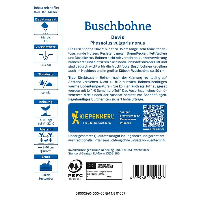 Kiepenkerl Profi-Line Gemüsesamen Buschbohne Davis - Phaseolus vulgaris, Erntezeit: Juli - Bild der 'Davis' Buschbohne-Samenpackung von Kiepenkerl, ideal für den Anbau feiner, fadenloser Hülsen im eigenen Garten.