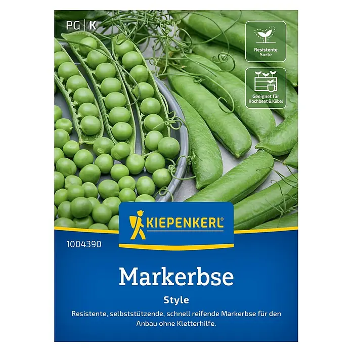 Kiepenkerl Profi-Line Gemüsesamen Markerbse Style - Pisum sativum, Erntezeit: Juni - Abbildung der Samenpackung 'Markerbse Style' von Kiepenkerl, einer resistenten und selbststützenden Erbsensorte.