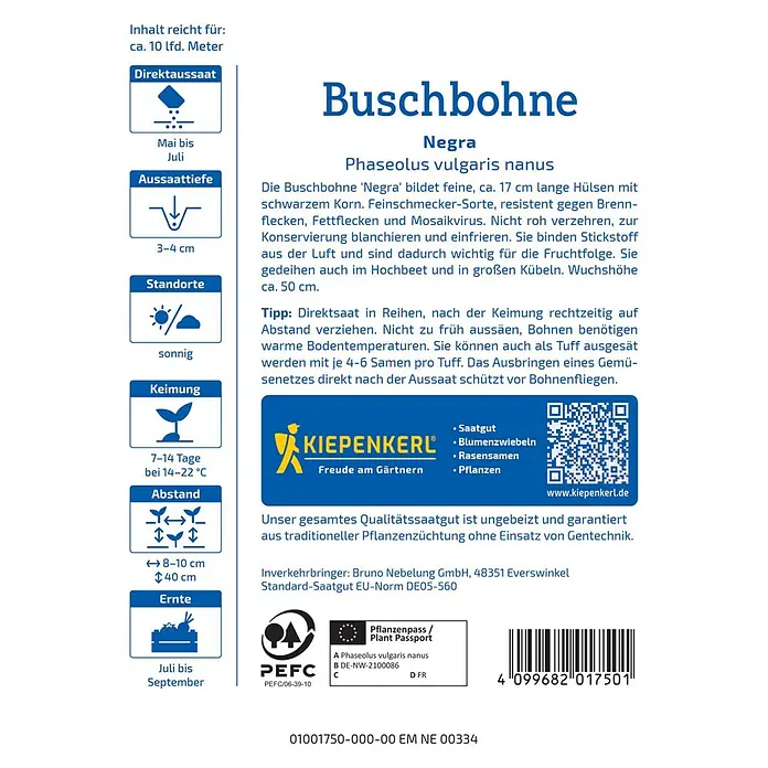 Kiepenkerl Profi-Line Gemüsesamen Buschbohne Negra - Phaseolus vulgaris var. nanus, Erntezeit: Juli - Abbildung einer Saatguttüte für Buschbohnen "Negra", eine feinschmeckende Sorte, resistent gegen Krankheiten, für den Anbau im Garten.