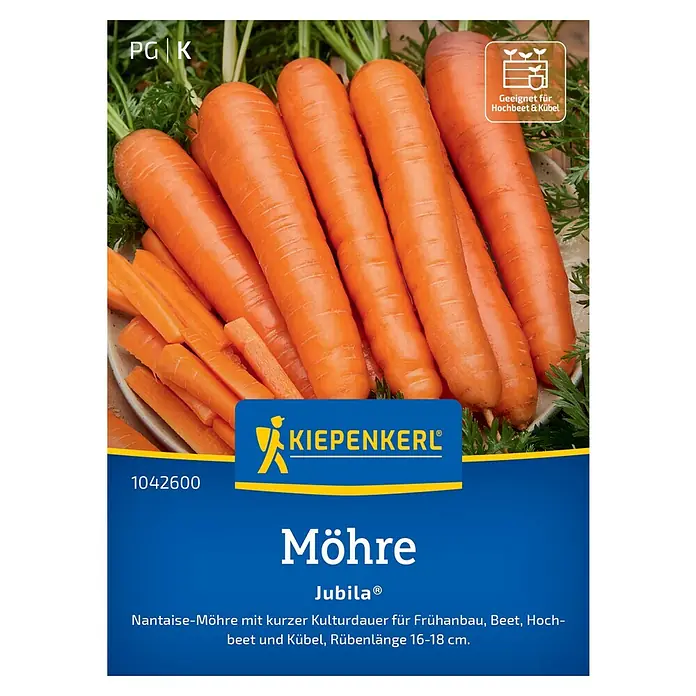 Kiepenkerl Profi-Line Gemüsesamen Möhren - Daucus carota ssp. sativus, Erntezeit: Juli - Das Bild zeigt eine Kiepenkerl Möhre JubilaⓇ Samenpackung. Ideal für den frühen Anbau im Beet, Hochbeet und Kübel mit einer Rübenlänge von 16-18 cm.