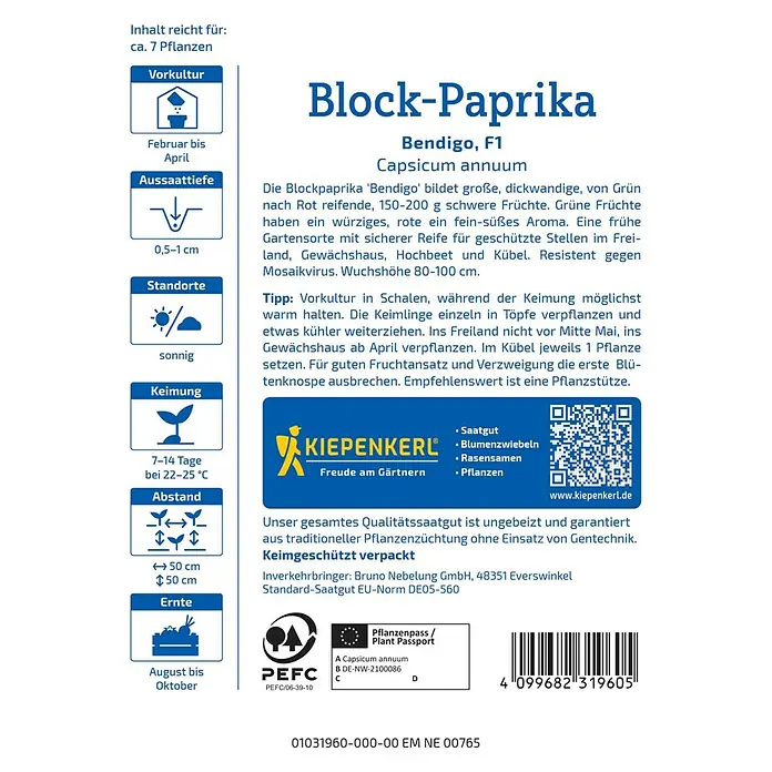 Kiepenkerl Profi-Line Gemüsesamen Blockpaprika Bendigo - Capsicum annuum, Erntezeit: August - Block-Paprika 'Bendigo F1' Saatgutpackung. Ideal für Gewächshaus und Garten, resistent gegen Mosaikvirus.