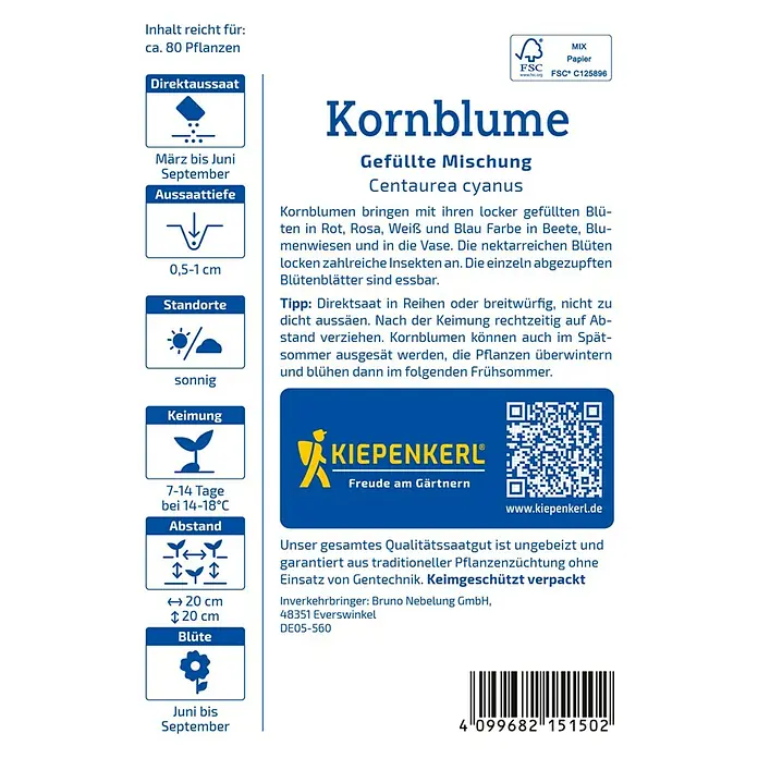 Kiepenkerl Blumensamenmischung Kornblume gefüllt - Centaurea cyanus, Mehrfarbig - Verpackung für Kornblumen-Saatgut der Marke Kiepenkerl mit Aussaat- und Pflegehinweisen.