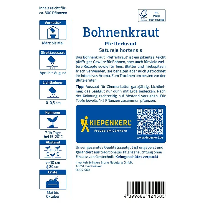 Kiepenkerl Kräutersamen Bohnenkraut Pfefferkraut - Satureja hortensis, Saatzeit: April, Erntezeit: Juni - Abbildung einer Samenpackung Bohnenkraut 'Pfefferkraut' mit Anbauhinweisen und dem Logo von Kiepenkerl.