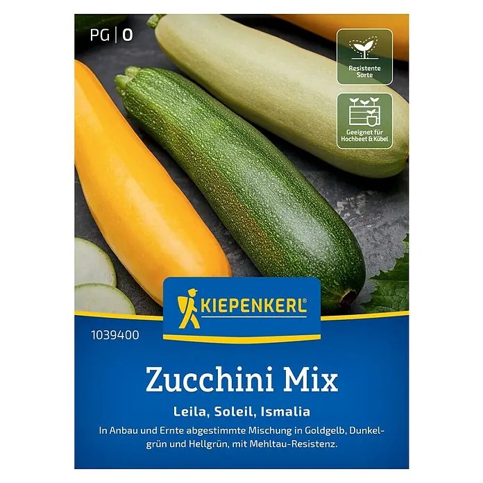 Kiepenkerl Gemüsesamen Zucchini Mix - Cucurbita pepo, Erntezeit: Juli - Zucchini Mix 'Leila, Soleil, Ismalia' Samenpackung von Kiepenkerl. Mischung aus goldgelben, dunkelgrünen und hellgrünen Zucchinisorten.
