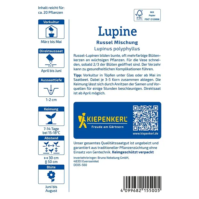 Kiepenkerl Blumensamen Lupine Prachtmischung Russel - Lupinus polyphyllus, Mehrfarbig - Lupine 'Russel Mischung' Samenpackung mit Anweisungen zu Aussaatzeitpunkt, Pflanztiefe, Keimung, Abstand und Blütezeit.