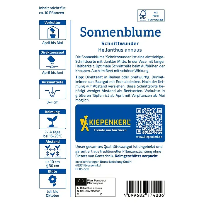 Kiepenkerl Blumensamen Sonnenblume - Helianthus annuus, Gelb - Abbildung der Verpackung für Sonnenblumen-Samen 'Schnittwunder' von Kiepenkerl mit Informationen zu Anbau und Pflege.
