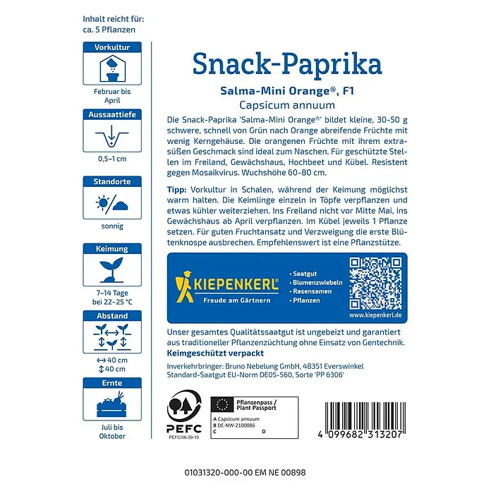 Kiepenkerl Profi-Line Gemüsesamen Snackpaprika Salma-Mini Orange - Capsicum annuum, Erntezeit: Juli - Bild einer Saatguttüte für Snack-Paprika Salma-Mini Orange® F1, einer süßen und resistenten Sorte.