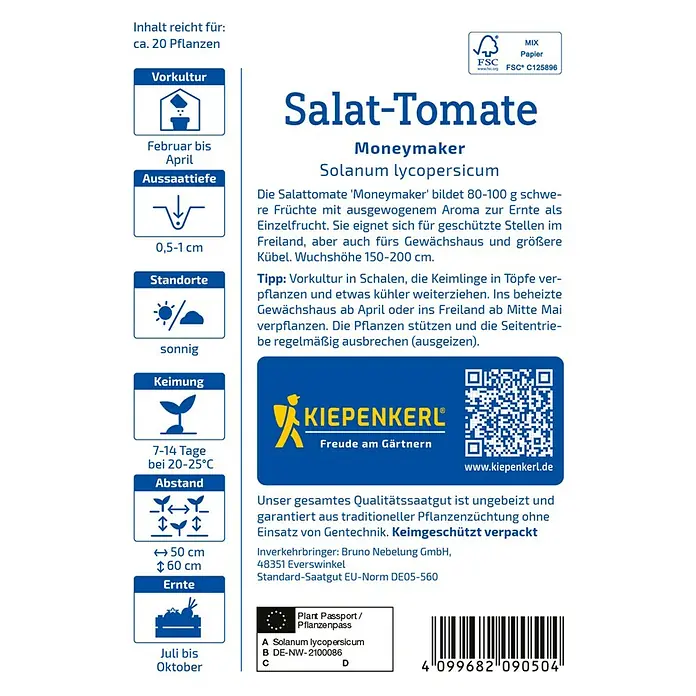 Kiepenkerl Gemüsesamen Tomate Moneymaker - Solanum lycopersicum, Erntezeit: Juli - Bild einer Saatguttüte mit Salat-Tomaten 'Moneymaker'. Die Packung enthält Informationen zu Aussaat, Standort und Ernte.