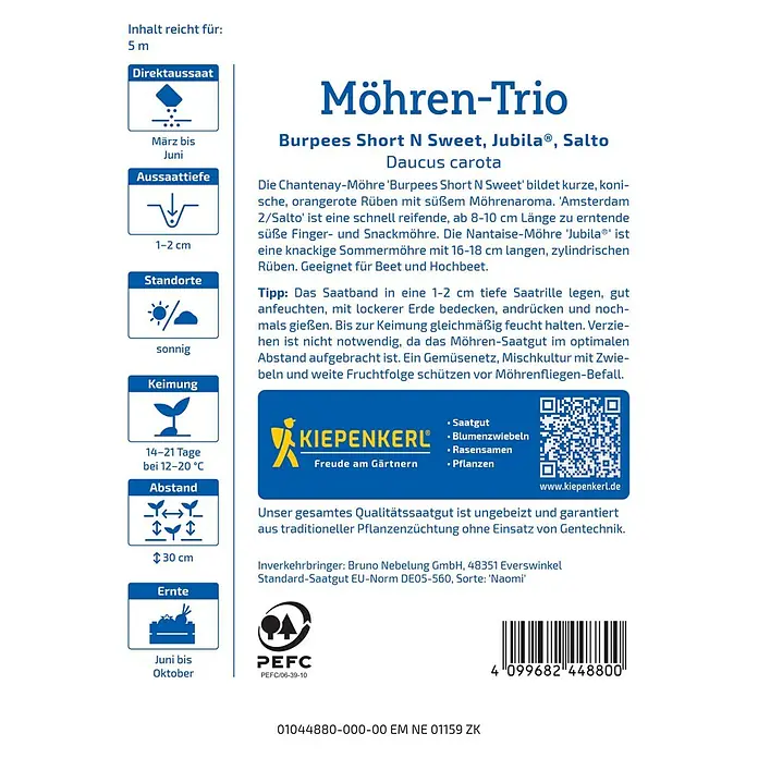 Kiepenkerl Gemüsesamen Saatband Möhren-Trio - Daucus carota - Information über das Möhren-Trio-Saatgut von Kiepenkerl, einschließlich Aussaatzeit, -tiefe, Standort, Keimung, Abstand und Erntezeit.