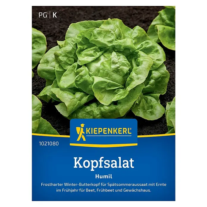 Kiepenkerl Profi-Line Salatsamen Winterkopfsalat Humil - Lactuca sativa var. capitata, Erntezeit: März - Bild einer Samenpackung "Kopfsalat Humil" von Kiepenkerl, winterhart, für späte Aussaat mit früher Ernte.