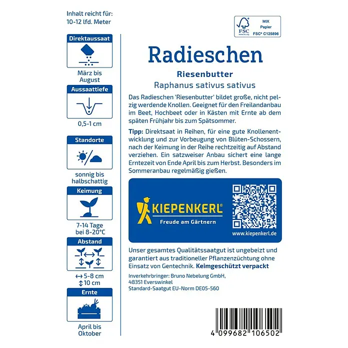 Kiepenkerl Gemüsesamen Radieschen Riesenbutter - Raphanus sativus var. sativus, Erntezeit: Juni - Bild einer Radieschen 'Riesenbutter' Saatguttüte.