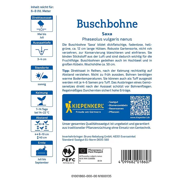 Kiepenkerl Gemüsesamen Buschbohne Saxa - Phaseolus vulgaris var. nanus, Erntezeit: Juli - Bild einer 'Saxa' Buschbohnen-Samenpackung von Kiepenkerl mit Anbauhinweisen.