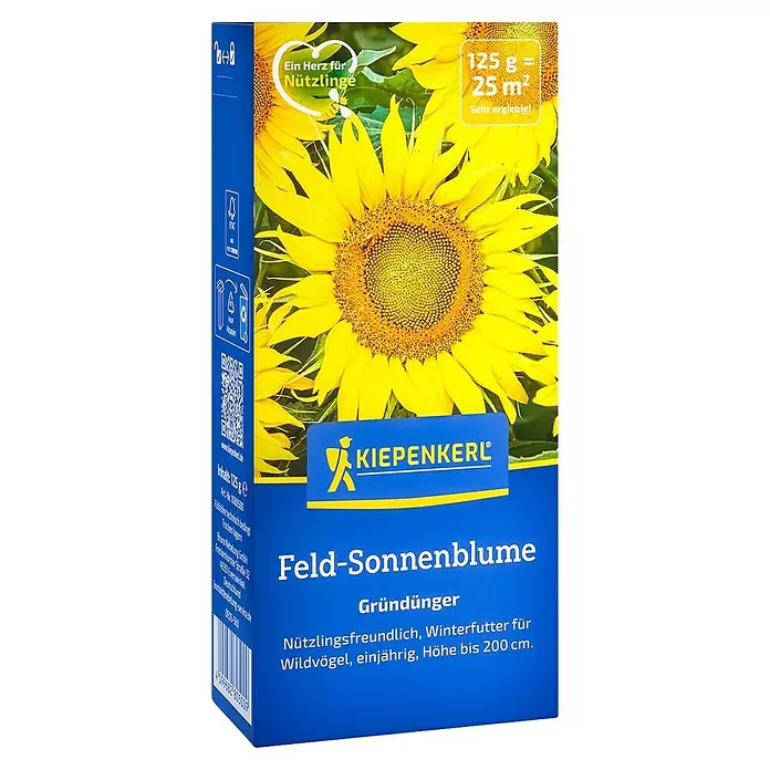Kiepenkerl Gründüngung Feld-Sonnenblume - Helianthus annuus, Inhalt reicht für ca. 25 Quadratmeter - Blauer Kiepenkerl Karton mit Sonnenblumenbild, für Felds-Sonnenblumensamen als Gründünger und Vogelfutter.