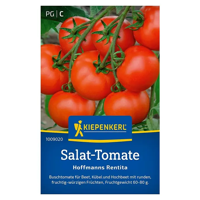 Kiepenkerl Gemüsesamen Tomate Hofmanns Rentita - Solanum lycopersicum, Erntezeit: Juli - Bild einer 'Salat-Tomate Hoffmanns Rentita'-Packung von Kiepenkerl mit einer Nahaufnahme von roten, reifen Tomaten am Strauch.