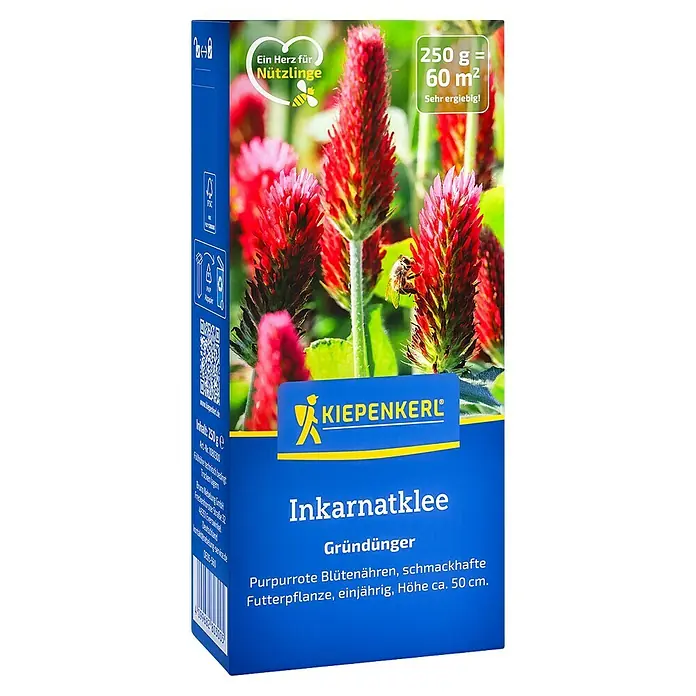 Kiepenkerl Gründüngung Inkarnatklee - Trifolium incarnatum, 60 m² - Produktbild einer Packung Inkarnatklee-Samen von Kiepenkerl. Die Packung zeigt blühenden Klee und Informationen zum Produkt.