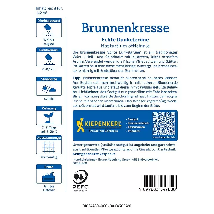 Kiepenkerl Kräutersamen Brunnenkresse Echte Dunkelgrüne - Nasturtium officinale, Erntezeit: Juni, Inhalt reicht für ca. 1-2 Quadratmeter - Weiß-blaue Samentüte für "Brunnenkresse" mit Pflanzinformationen und Barcode.