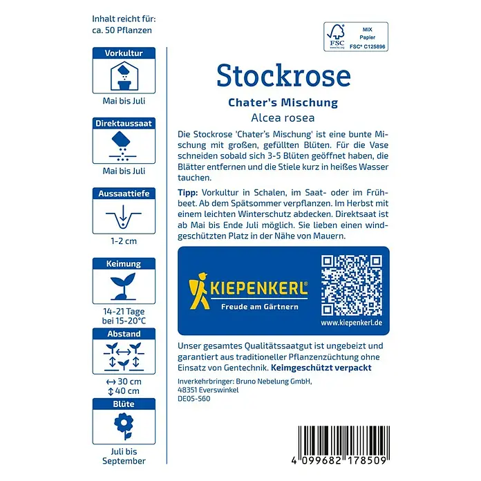 Kiepenkerl Blumensamenmischung Stockrose Chater's - Alcea rosea, Mehrfarbig - Bild einer Stockrosen-Samenpackung der Sorte 'Chater's Mischung' von Kiepenkerl, ideal für farbenfrohe Gärten.