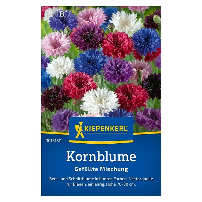 Kiepenkerl Blumensamenmischung Kornblume gefüllt - Centaurea cyanus, Mehrfarbig - Kornblume 'Gefüllte Mischung' Samenpackung von Kiepenkerl mit einer bunten Auswahl an gefüllten Kornblumen für Beet und Schnitt.