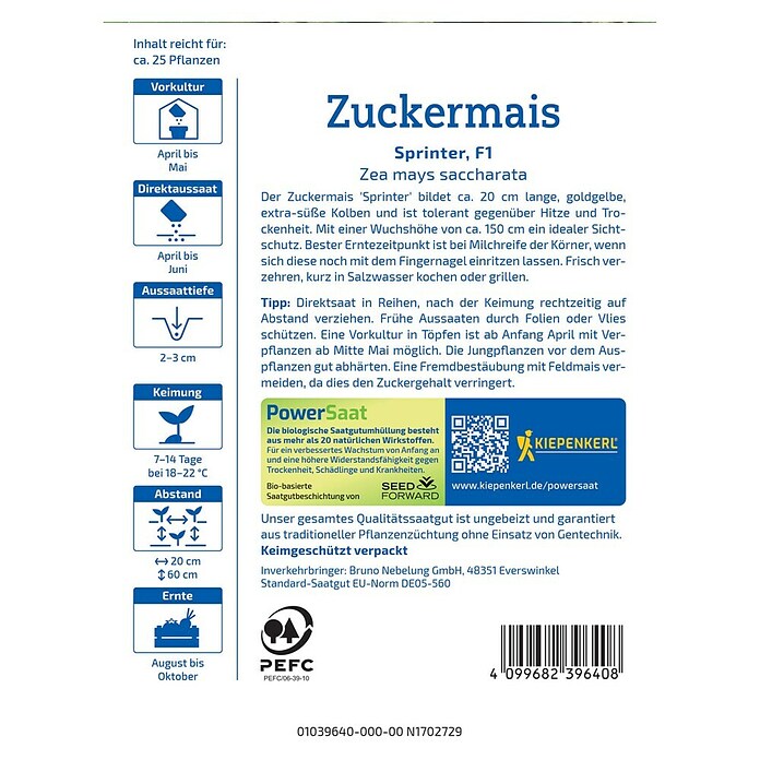 Kiepenkerl Profi-Line Gemüsesamen Zuckermais PowerSaat (Zea mays, Erntezeit: August) | BAUHAUS