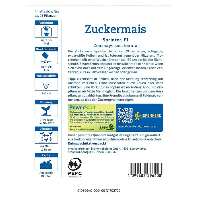 Kiepenkerl Profi-Line Gemüsesamen Zuckermais PowerSaat - Zea mays, Erntezeit: August - Abbildung der Saatguttüte für 'Sprinter' Zuckermais. Informationen zu Aussaat, Anbau und Ernte des Maises.