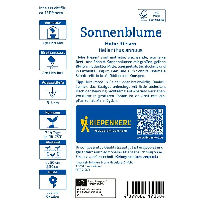 Kiepenkerl Blumensamen Sonnenblumen - Helianthus annuus, Gelb - Abbildung einer Samentüte Sonnenblume 'Hohe Riesen' mit Informationen zu Anbau und Pflege.