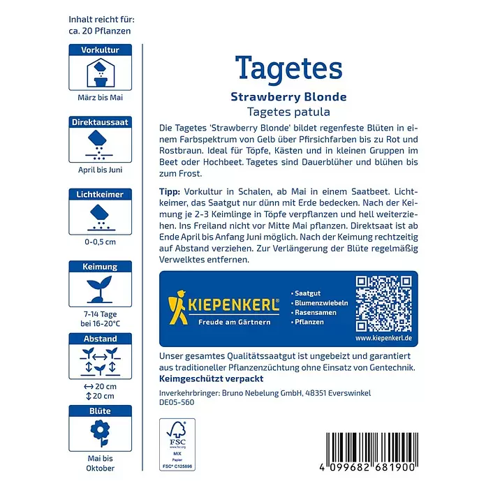 Kiepenkerl Profi-Line Blumensamen Strawberry Blonde - Tagetes patula, Inhalt reicht für ca. 20 Pflanzen - Samentüte für Tagetes 'Strawberry Blonde' mit Pflanzanleitung, Kiepenkerl-Logo und Barcode.
