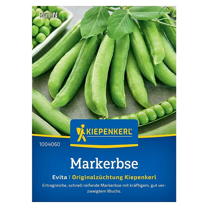 Kiepenkerl Profi-Line Gemüsesamen Markerbse Evita - Pisum sativum, Erntezeit: Juni - Foto von Kiepenkerl Markerbse Evita-Samen. Diese Sorte verspricht hohe Erträge und einen kräftigen, verzweigten Wuchs.