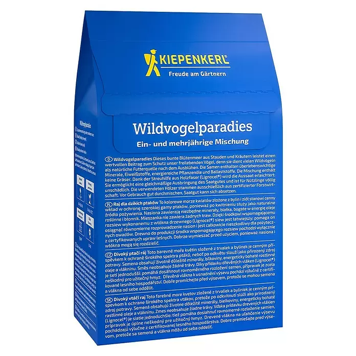Kiepenkerl Profi-Line Blumenmischung Wildvogelparadies - Max. Wuchshöhe: 20 cm - 200 cm, Mischung, Mehrjährig - Blaue Kiepenkerl Wildvogelparadies Saattüte für Wildvögel mit gelbem Branding.