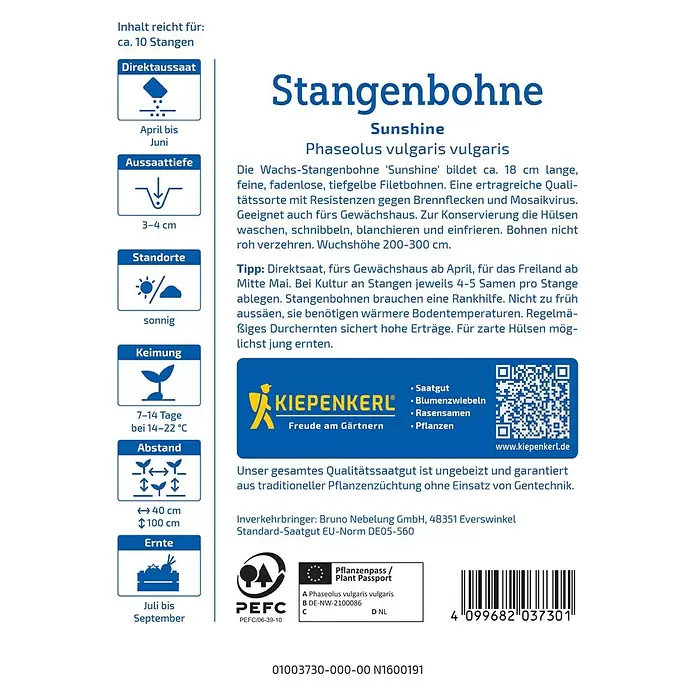 Kiepenkerl Profi-Line Gemüsesamen Sunshine - Phaseolus vulgaris vulgaris, Erntezeit: Juli, Inhalt reicht für ca. 10 Stangen - Samenpäckchen für Stangenbohne 'Sunshine' mit Aussaat-, Pflege- und Ernteinformationen.