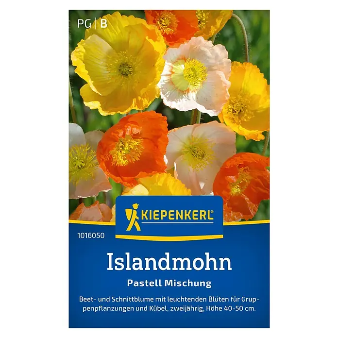 Kiepenkerl Blumensamenmischung Islandmohn pastell - Papaver nudicaule, Mehrfarbig - Das Bild zeigt eine Packung Islandmohn Pastell Mischung Samen von Kiepenkerl, mit einer Nahaufnahme der bunten Blüten.